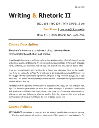 Shane Writing Writing and rhetoric ii syllabus updated | PDF