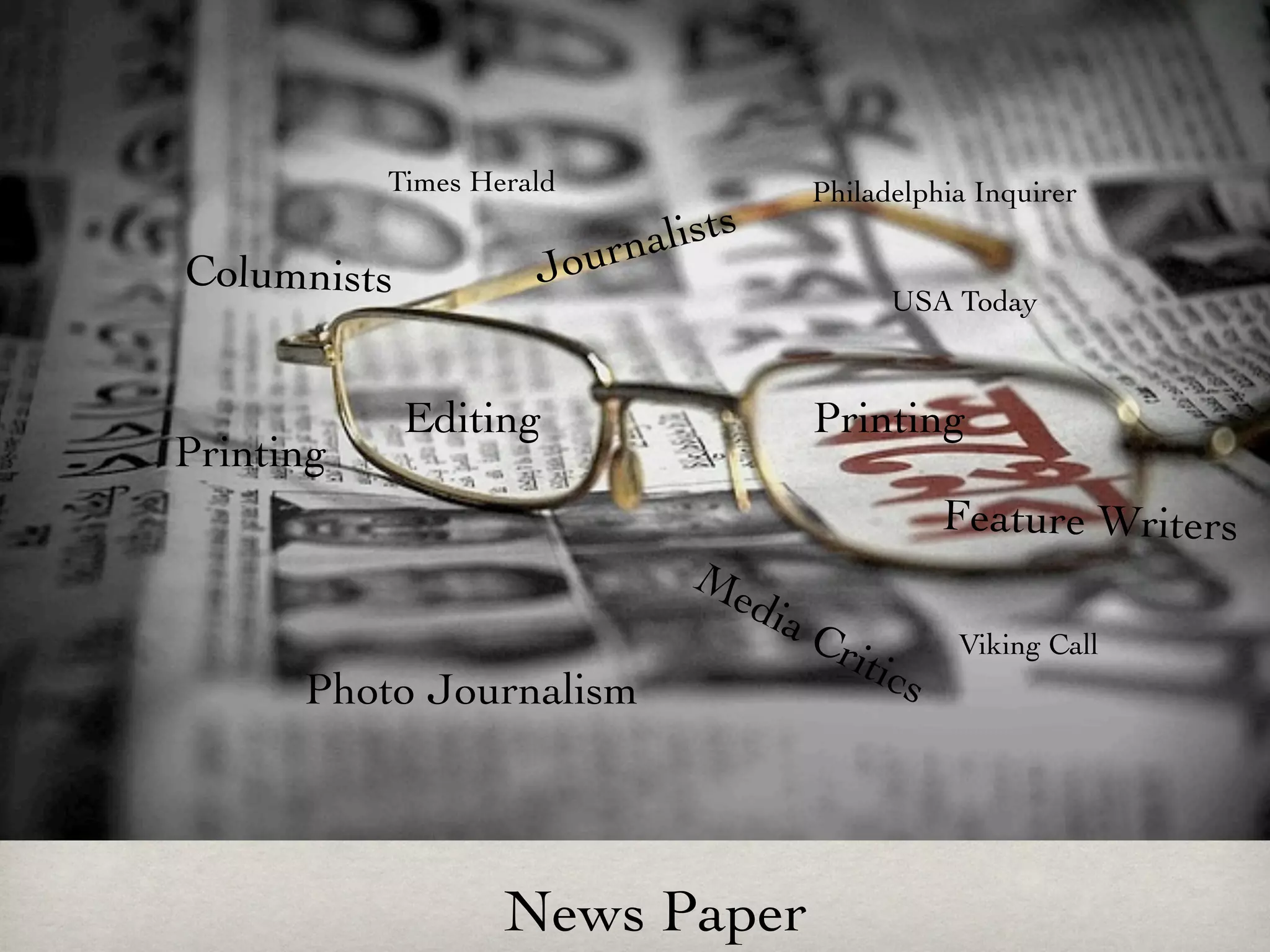 Times Herald                      Philadelphia Inquirer

                          urna lists
Columnists           Jo
                                                   USA Today



             Editing                         Printing
Printing
                                                        Feature Writers
                                Me
                                       dia
                                             Cr         Viking Call
                                                itic
      Photo Journalism                              s




                   News Paper
 