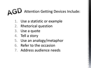 1. Use a statistic or example
2. Rhetorical question
3. Use a quote
4. Tell a story
5. Use an analogy/metaphor
6. Refer to the occasion
7. Address audience needs
 