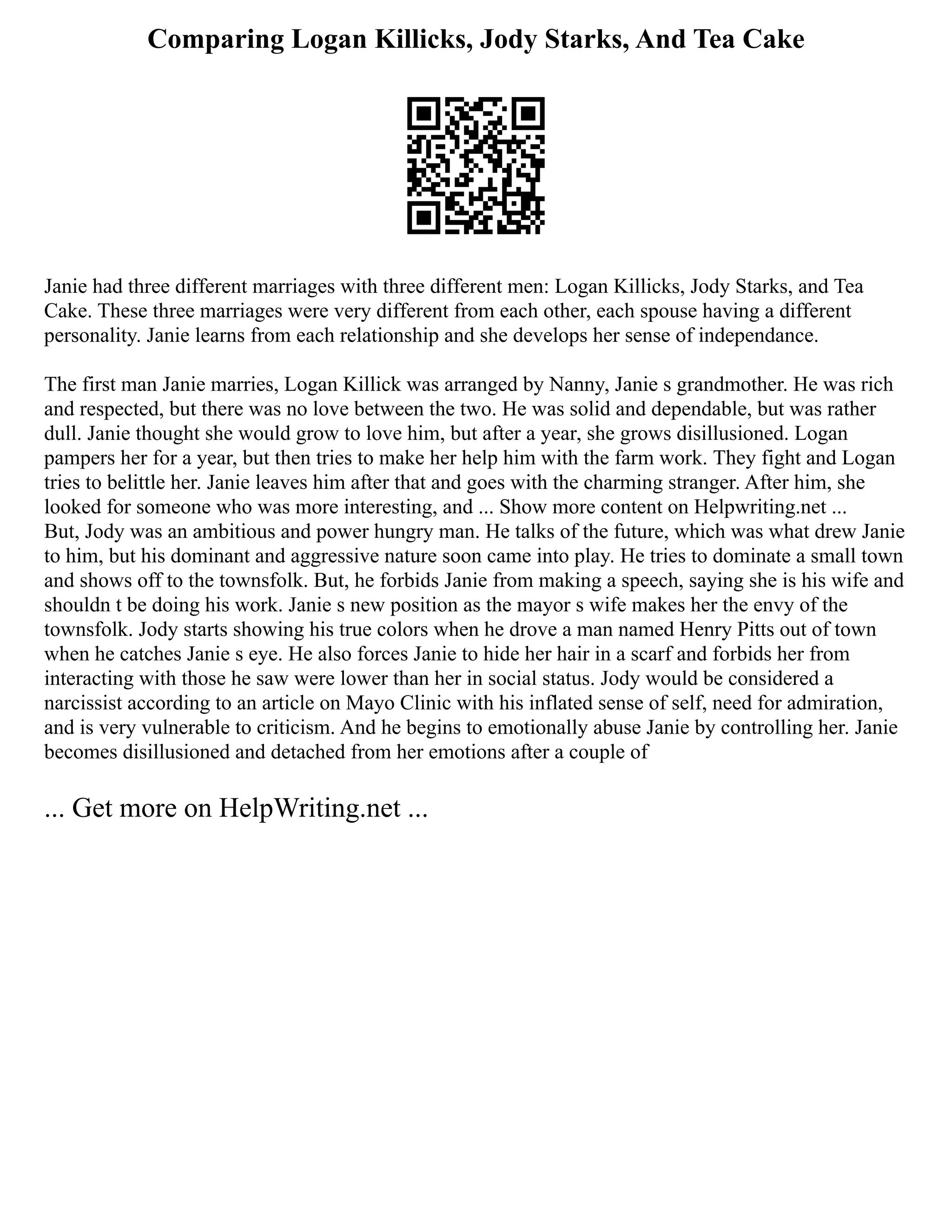 Comparing Logan Killicks, Jody Starks, And Tea Cake
Janie had three different marriages with three different men: Logan Killicks, Jody Starks, and Tea
Cake. These three marriages were very different from each other, each spouse having a different
personality. Janie learns from each relationship and she develops her sense of independance.
The first man Janie marries, Logan Killick was arranged by Nanny, Janie s grandmother. He was rich
and respected, but there was no love between the two. He was solid and dependable, but was rather
dull. Janie thought she would grow to love him, but after a year, she grows disillusioned. Logan
pampers her for a year, but then tries to make her help him with the farm work. They fight and Logan
tries to belittle her. Janie leaves him after that and goes with the charming stranger. After him, she
looked for someone who was more interesting, and ... Show more content on Helpwriting.net ...
But, Jody was an ambitious and power hungry man. He talks of the future, which was what drew Janie
to him, but his dominant and aggressive nature soon came into play. He tries to dominate a small town
and shows off to the townsfolk. But, he forbids Janie from making a speech, saying she is his wife and
shouldn t be doing his work. Janie s new position as the mayor s wife makes her the envy of the
townsfolk. Jody starts showing his true colors when he drove a man named Henry Pitts out of town
when he catches Janie s eye. He also forces Janie to hide her hair in a scarf and forbids her from
interacting with those he saw were lower than her in social status. Jody would be considered a
narcissist according to an article on Mayo Clinic with his inflated sense of self, need for admiration,
and is very vulnerable to criticism. And he begins to emotionally abuse Janie by controlling her. Janie
becomes disillusioned and detached from her emotions after a couple of
... Get more on HelpWriting.net ...
 