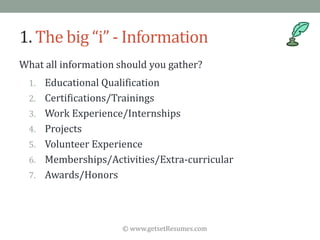 © www.getsetResumes.com
1. The big “i” - Information
What all information should you gather?
1. Educational Qualification
2. Certifications/Trainings
3. Work Experience/Internships
4. Projects
5. Volunteer Experience
6. Memberships/Activities/Extra-curricular
7. Awards/Honors
 