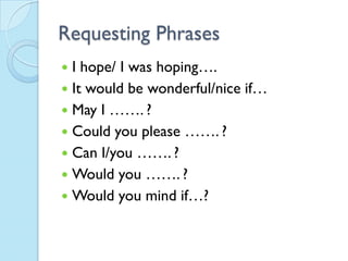 Requesting Phrases
 I hope/ I was hoping….
 It would be wonderful/nice if…
 May I ……. ?
 Could you please ……. ?
 Can I/you ……. ?
 Would you ……. ?
 Would you mind if…?
 