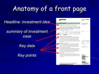 Anatomy of a front page
Headline: investment idea
summary of investment
case
Key data
Key points
 