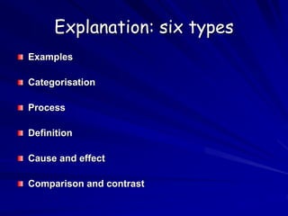 Explanation: six types
Examples
Categorisation
Process
Definition
Cause and effect
Comparison and contrast
 