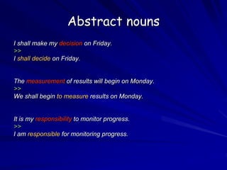 Abstract nouns
I shall make my decision on Friday.
>>
I shall decide on Friday.
The measurement of results will begin on Monday.
>>
We shall begin to measure results on Monday.
It is my responsibility to monitor progress.
>>
I am responsible for monitoring progress.
 