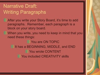 Narrative Draft:
Writing Paragraphs
After you write your Story Board, it’s time to add
paragraphs. Remember, each paragraph is a
block on your story board.
When you write, you need to keep in mind that you
need these things:
You are ON TOPIC
It has a BEGINNING, MIDDLE, and END
You wrote CONTENT
You included CREATIVITY skills
 