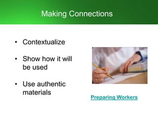 Making Connections
• Contextualize
• Show how it will
be used
• Use authentic
materials
Preparing Workers
 