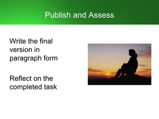 Publish and Assess
Write the final
version in
paragraph form
Reflect on the
completed task
 