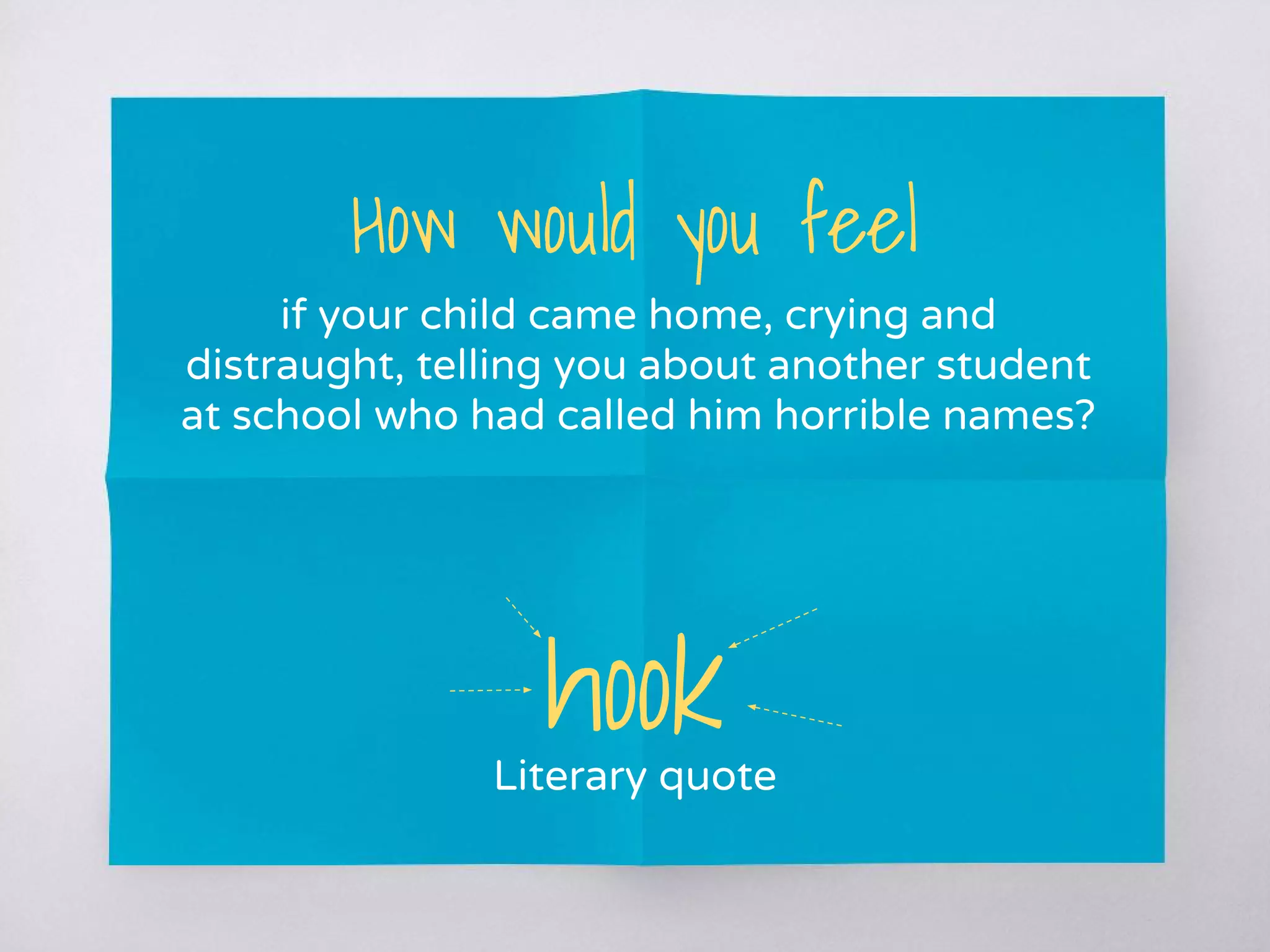 How would you feel
if your child came home, crying and
distraught, telling you about another student
at school who had called him horrible names?
hookLiterary quote
 