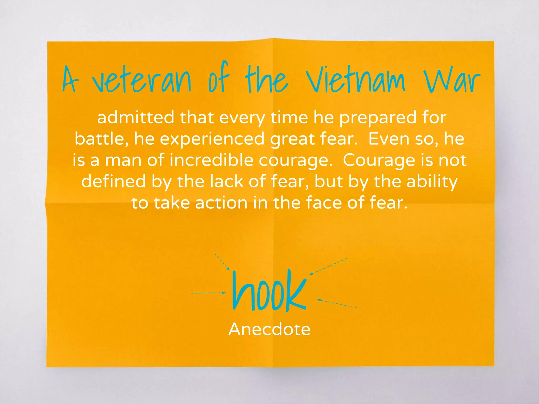 A veteran of the Vietnam War
admitted that every time he prepared for
battle, he experienced great fear. Even so, he
is a man of incredible courage. Courage is not
defined by the lack of fear, but by the ability
to take action in the face of fear.
hookAnecdote
 