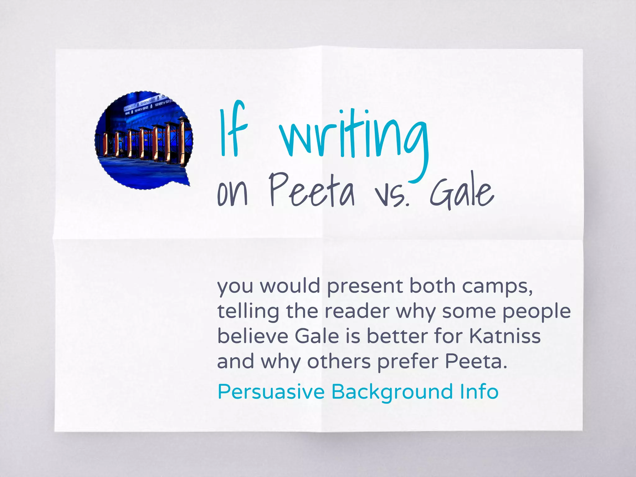 If writing
on Peeta vs. Gale
you would present both camps,
telling the reader why some people
believe Gale is better for Katniss
and why others prefer Peeta.
Persuasive Background Info
 