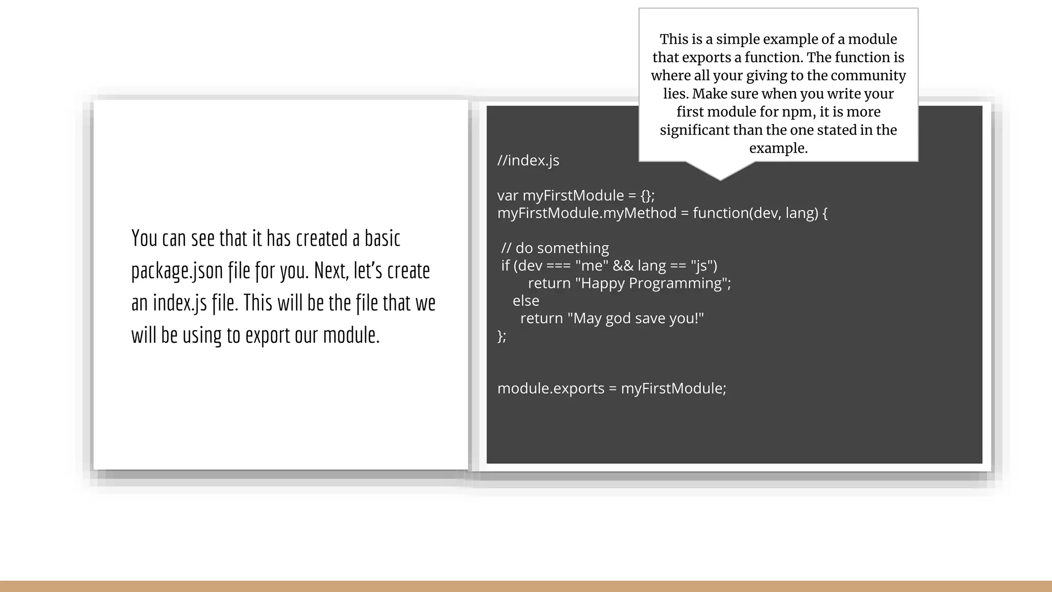 This is a simple example of a module that exports a function. The function is where all your giving to the community lies. Make sure when you write your first module for npm, it is more significant than the one stated in the example. 