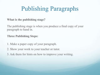 Publishing Paragraphs
What is the publishing stage?
The publishing stage is when you produce a final copy of your
paragraph to hand in.
Three Publishing Steps:
1. Make a paper copy of your paragraph.
2. Show your work to your teacher or tutor.
3. Ask them for hints on how to improve your writing.
 