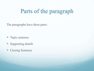 Parts of the paragraph
The paragraphs have three parts:
 Topic sentence
 Supporting details
 Closing Sentence
 