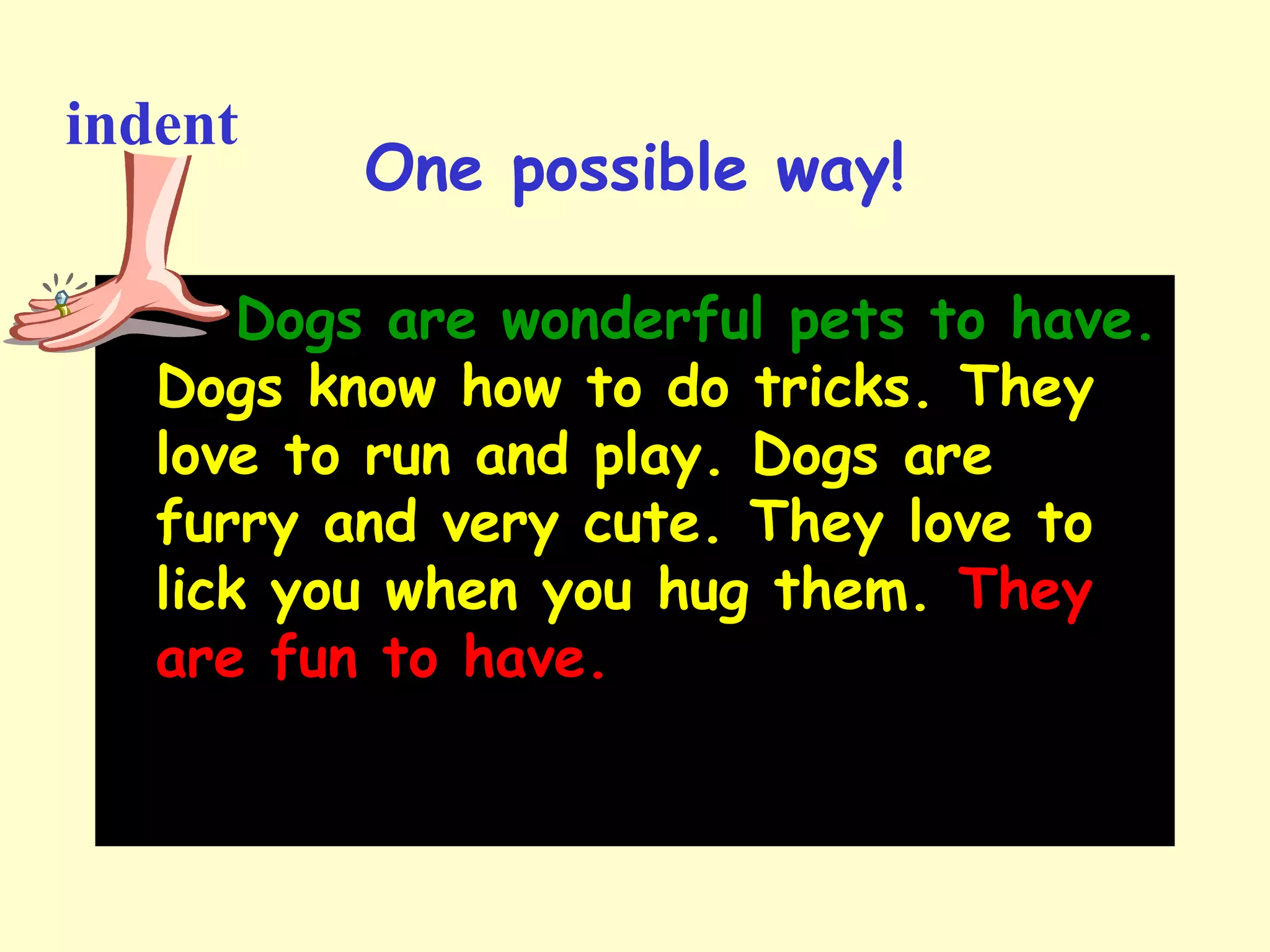 One possible way!
Dogs are wonderful pets to have.
Dogs know how to do tricks. They
love to run and play. Dogs are
furry and very cute. They love to
lick you when you hug them. They
are fun to have.
indent
 