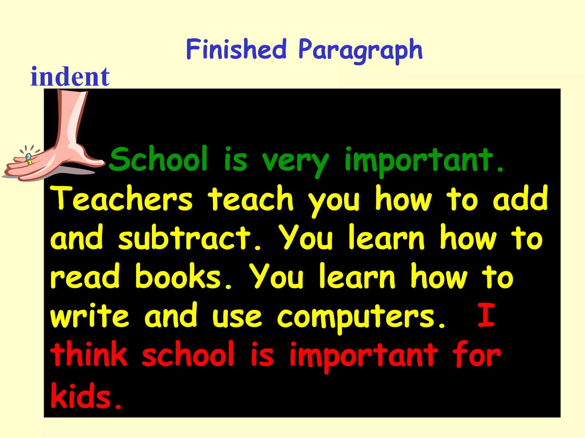 School is very important.
Teachers teach you how to add
and subtract. You learn how to
read books. You learn how to
write and use computers. I
think school is important for
kids.
Finished Paragraph
indent
 