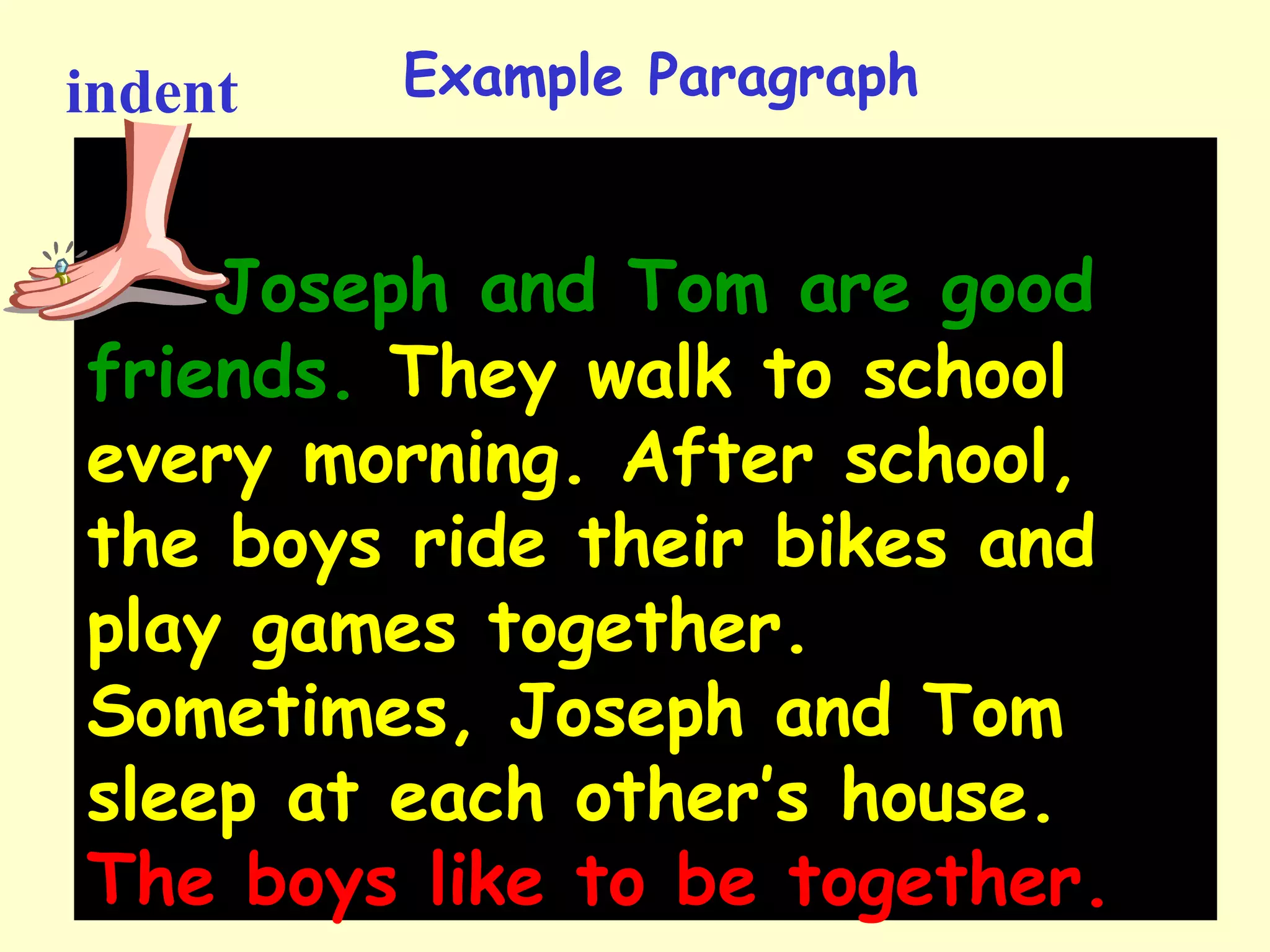 Joseph and Tom are good
friends. They walk to school
every morning. After school,
the boys ride their bikes and
play games together.
Sometimes, Joseph and Tom
sleep at each other’s house.
The boys like to be together.
Example Paragraphindent
 