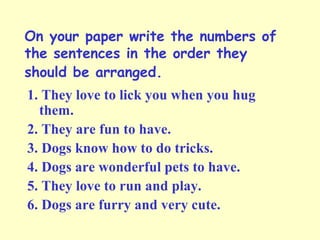 On your paper write the numbers of
the sentences in the order they
should be arranged.
1. They love to lick you when you hug
them.
2. They are fun to have.
3. Dogs know how to do tricks.
4. Dogs are wonderful pets to have.
5. They love to run and play.
6. Dogs are furry and very cute.
 