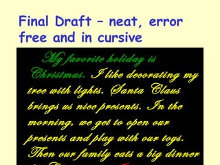 Final Draft – neat, error
free and in cursive
My favorite holiday is
Christmas. I like decorating my
tree with lights. Santa Claus
brings us nice presents. In the
morning, we get to open our
presents and play with our toys.
Then our family eats a big dinner
 