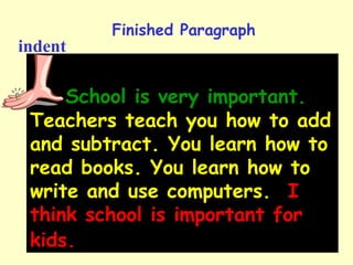 School is very important.
Teachers teach you how to add
and subtract. You learn how to
read books. You learn how to
write and use computers. I
think school is important for
kids.
Finished Paragraph
indent
 
