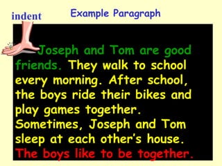Joseph and Tom are good
friends. They walk to school
every morning. After school,
the boys ride their bikes and
play games together.
Sometimes, Joseph and Tom
sleep at each other’s house.
The boys like to be together.
Example Paragraphindent
 