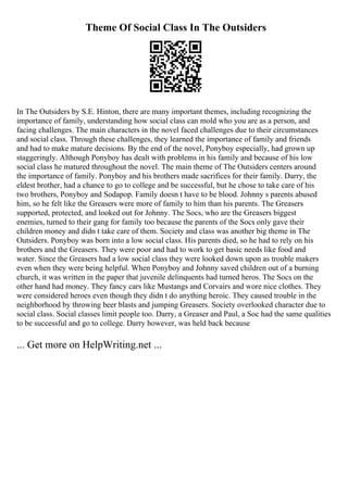Theme Of Social Class In The Outsiders
In The Outsiders by S.E. Hinton, there are many important themes, including recognizing the
importance of family, understanding how social class can mold who you are as a person, and
facing challenges. The main characters in the novel faced challenges due to their circumstances
and social class. Through these challenges, they learned the importance of family and friends
and had to make mature decisions. By the end of the novel, Ponyboy especially, had grown up
staggeringly. Although Ponyboy has dealt with problems in his family and because of his low
social class he matured throughout the novel. The main theme of The Outsiders centers around
the importance of family. Ponyboy and his brothers made sacrifices for their family. Darry, the
eldest brother, had a chance to go to college and be successful, but he chose to take care of his
two brothers, Ponyboy and Sodapop. Family doesn t have to be blood. Johnny s parents abused
him, so he felt like the Greasers were more of family to him than his parents. The Greasers
supported, protected, and looked out for Johnny. The Socs, who are the Greasers biggest
enemies, turned to their gang for family too because the parents of the Socs only gave their
children money and didn t take care of them. Society and class was another big theme in The
Outsiders. Ponyboy was born into a low social class. His parents died, so he had to rely on his
brothers and the Greasers. They were poor and had to work to get basic needs like food and
water. Since the Greasers had a low social class they were looked down upon as trouble makers
even when they were being helpful. When Ponyboy and Johnny saved children out of a burning
church, it was written in the paper that juvenile delinquents had turned heros. The Socs on the
other hand had money. They fancy cars like Mustangs and Corvairs and wore nice clothes. They
were considered heroes even though they didn t do anything heroic. They caused trouble in the
neighborhood by throwing beer blasts and jumping Greasers. Society overlooked character due to
social class. Social classes limit people too. Darry, a Greaser and Paul, a Soc had the same qualities
to be successful and go to college. Darry however, was held back because
... Get more on HelpWriting.net ...
 