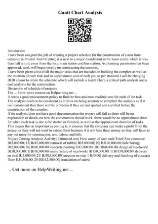 Gantt Chart Analysis
Introduction
I have been assigned the job of creating a project schedule for the construction of a new hotel
complex in Preston Town Centre; it is next to a major roundabout in the town centre which is less
than half a mile away from the local train station and bus station. As planning permission has been
approved, work will begin shortly on constructing the complex.
I have been given a list of all the major tasks that are included in building the complex as well as
the duration of each task and an approximate cost of each job, as per standard I will be charging
ВЈ50 a hour to create the schedule which will include a Gantt Chart, a critical path analysis and a
cost analysis for the construction.
Discussion of schedule of projects
The ... Show more content on Helpwriting.net ...
It needs a good procurement policy to find the best and most realistic cost for each of the task.
The analysis needs to be consistent as it relies on being accurate to complete the analysis as if it
isn t consistent then there will be problems if they are not spotted and rectified before the
construction of the complex.
If the analysis does not have good documentation the project will fail as there will be no
explanation or details on how the construction should work, there would be no approximate dates
for when each task is due to be started or finished, as well as the approximate duration of tasks.
This means that as important as costing is, it ensures that the company can make a profit from the
project or they will not want to extend their business if it will lose them money as they will have to
pay out more for construction, rent, labour and bills
Project Costing Analysis Activity| Estimated cost| How many of each unit| Total| Site clearance|
ВЈ3,000.00| 15| ВЈ45,000.00| removal of rubble| ВЈ5,000.00| 20| ВЈ100,000.00| hole boring|
ВЈ2,000.00| 30| ВЈ60,000.00| concrete pouring| ВЈ2,000.00| 30| ВЈ60,000.00| design of steelwork|
ВЈ50,000.00| 1| ВЈ50,000.00| manufacture of steelwork| ВЈ150,000.00| 1| ВЈ150,000.00| delivery
on site| ВЈ5,000.00| 21| ВЈ105,000.00| erection on site| | | ВЈ0.00| delivery and finishing of concrete
floor| ВЈ4,500.00| 25| ВЈ112,500.00| installation of stairs|
... Get more on HelpWriting.net ...
 