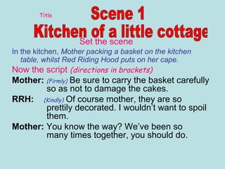 Set the scene
In the kitchen, Mother packing a basket on the kitchen
table, whilst Red Riding Hood puts on her cape.
Now the script (directions in brackets)
Mother: (Firmly) Be sure to carry the basket carefully
so as not to damage the cakes.
RRH: (Kindly) Of course mother, they are so
prettily decorated. I wouldn’t want to spoil
them.
Mother: You know the way? We’ve been so
many times together, you should do.
Title
 