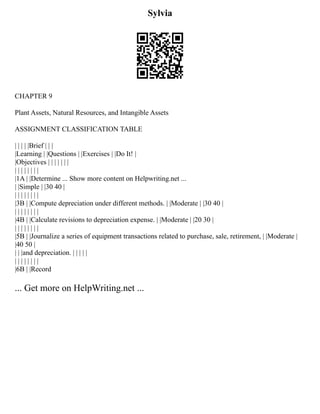 Sylvia
CHAPTER 9
Plant Assets, Natural Resources, and Intangible Assets
ASSIGNMENT CLASSIFICATION TABLE
| | | | |Brief | | |
|Learning | |Questions | |Exercises | |Do It! |
|Objectives | | | | | | |
| | | | | | | |
|1A | |Determine ... Show more content on Helpwriting.net ...
| |Simple | |30 40 |
| | | | | | | |
|3B | |Compute depreciation under different methods. | |Moderate | |30 40 |
| | | | | | | |
|4B | |Calculate revisions to depreciation expense. | |Moderate | |20 30 |
| | | | | | | |
|5B | |Journalize a series of equipment transactions related to purchase, sale, retirement, | |Moderate |
|40 50 |
| | |and depreciation. | | | | |
| | | | | | | |
|6B | |Record
... Get more on HelpWriting.net ...
 