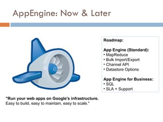 AppEngine: Now & Later &quot;Run your web apps on Google's infrastructure. Easy to build, easy to maintain, easy to scale....