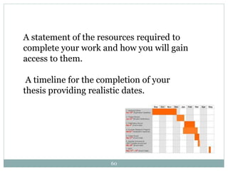60
A statement of the resources required to
complete your work and how you will gain
access to them.
A timeline for the completion of your
thesis providing realistic dates.
 