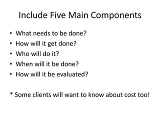 Include Five Main Components
• What needs to be done?
• How will it get done?
• Who will do it?
• When will it be done?
• How will it be evaluated?
* Some clients will want to know about cost too!
 
