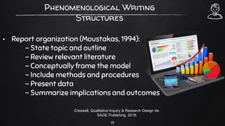 Phenomenological Writing
Structures
• Report organization (Moustakas, 1994):
– State topic and outline
– Review relevant literature
– Conceptually frame the model
– Include methods and procedures
– Present data
– Summarize implications and outcomes
22
Creswell, Qualitative Inquiry & Research Design 4e.
SAGE Publishing, 2018.
 