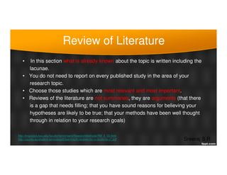 Review of Literature
• In this section what is already known about the topic is written including the
lacunae.
• You do no...