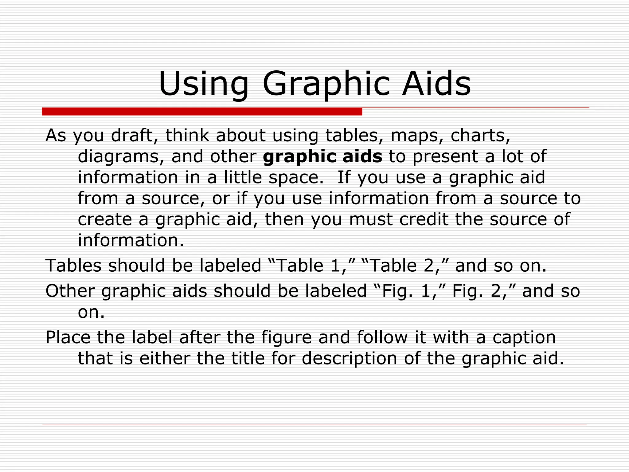 Using Graphic Aids
As you draft, think about using tables, maps, charts,
    diagrams, and other graphic aids to present a lot of
    information in a little space. If you use a graphic aid
    from a source, or if you use information from a source to
    create a graphic aid, then you must credit the source of
    information.
Tables should be labeled “Table 1,” “Table 2,” and so on.
Other graphic aids should be labeled “Fig. 1,” Fig. 2,” and so
    on.
Place the label after the figure and follow it with a caption
    that is either the title for description of the graphic aid.
 