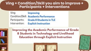 Ving + Condition/Skill you aim to improve +
Participants + Interventions
Improving the Academic Performance of Grade
8 Students in Technology and Livelihood
Education through Explicit Instruction
 