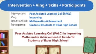Intervention + Ving + Skills + Participants
Peer Assisted Learning Cell (PALC) in Improving
Mathematics Achievement of Grade 10
Students of Ilwas High School
 