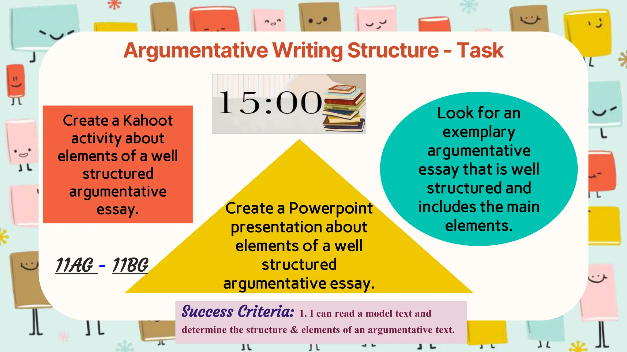 Argumentative Writing Structure - Task
Create a Kahoot
activity about
elements of a well
structured
argumentative
essay.
Look for an
exemplary
argumentative
essay that is well
structured and
includes the main
elements.
Create a Powerpoint
presentation about
elements of a well
structured
argumentative essay.
11AG - 11BG
Success Criteria: 1. I can read a model text and
determine the structure & elements of an argumentative text.
 