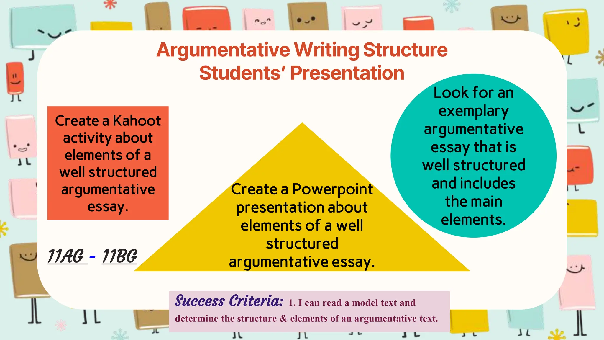 Argumentative Writing Structure
Students’ Presentation
Create a Kahoot
activity about
elements of a
well structured
argumentative
essay.
Look for an
exemplary
argumentative
essay that is
well structured
and includes
the main
elements.
Create a Powerpoint
presentation about
elements of a well
structured
argumentative essay.
11AG - 11BG
Success Criteria: 1. I can read a model text and
determine the structure & elements of an argumentative text.
 
