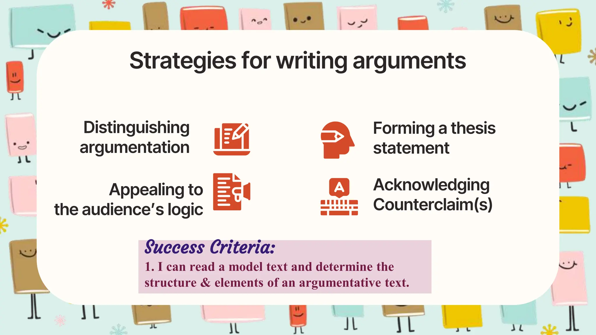 Strategies for writing arguments
Distinguishing
argumentation
Appealing to
the audience’s logic
Forming a thesis
statement
Acknowledging
Counterclaim(s)
Success Criteria:
1. I can read a model text and determine the
structure & elements of an argumentative text.
 