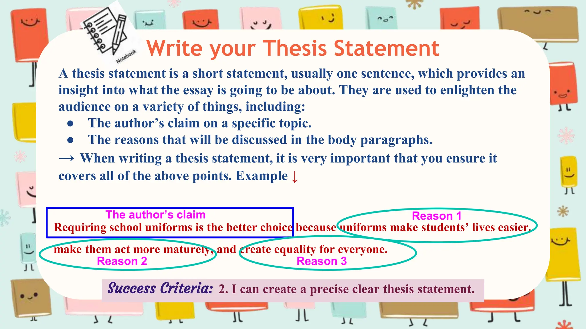 Write your Thesis Statement
A thesis statement is a short statement, usually one sentence, which provides an
insight into what the essay is going to be about. They are used to enlighten the
audience on a variety of things, including:
● The author’s claim on a specific topic.
● The reasons that will be discussed in the body paragraphs.
→ When writing a thesis statement, it is very important that you ensure it
covers all of the above points. Example ↓
Success Criteria: 2. I can create a precise clear thesis statement.
Requiring school uniforms is the better choice because uniforms make students’ lives easier,
make them act more maturely, and create equality for everyone.
The author’s claim Reason 1
Reason 2 Reason 3
 