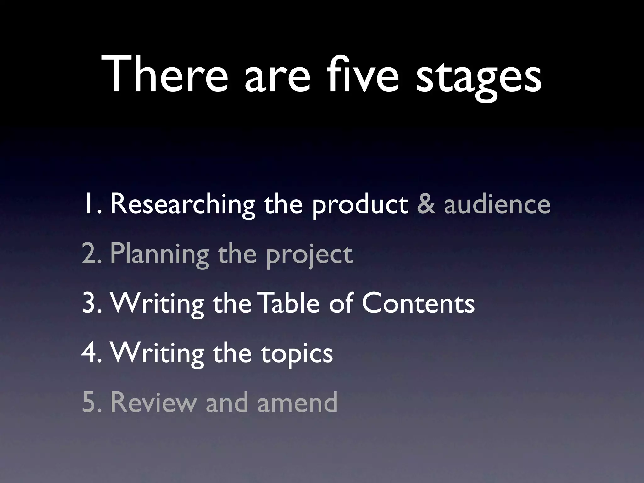 There are ﬁve stages

1. Researching the product & audience
2. Planning the project
3. Writing the Table of Contents
4. Writing the topics
5. Review and amend
 