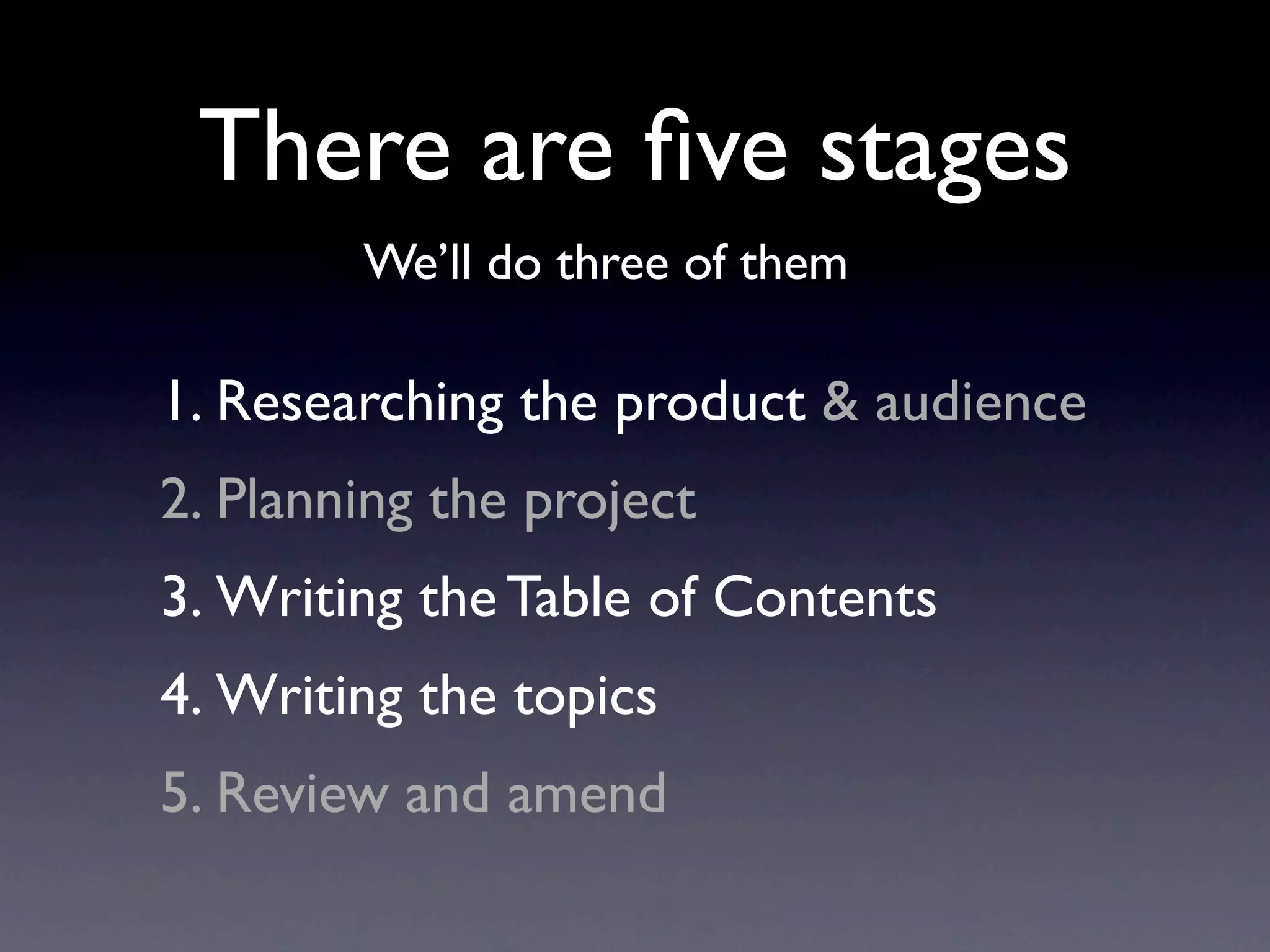 There are ﬁve stages
        We’ll do three of them

1. Researching the product & audience
2. Planning the project
3. Writing the Table of Contents
4. Writing the topics
5. Review and amend
 