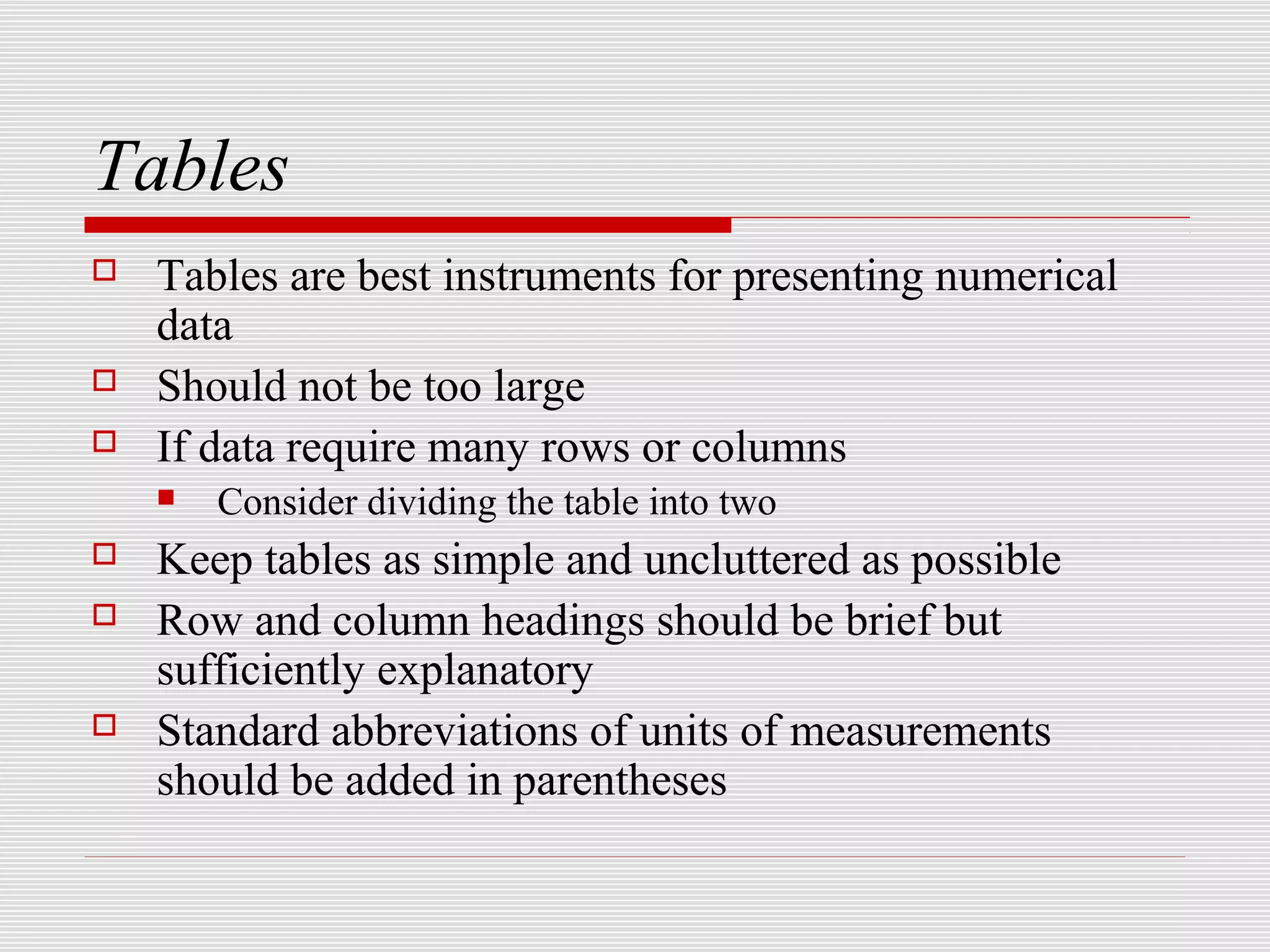 Tables
   Tables are best instruments for presenting numerical
    data
   Should not be too large
   If data require many rows or columns
       Consider dividing the table into two
   Keep tables as simple and uncluttered as possible
   Row and column headings should be brief but
    sufficiently explanatory
   Standard abbreviations of units of measurements
    should be added in parentheses
 