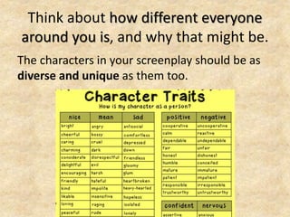 Think about how different everyone
around you is, and why that might be.
The characters in your screenplay should be as
diverse and unique as them too.
 