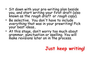 • Sit down with your pre-writing plan beside
you, and start writing your first draft (also
known as the rough draft or rough copy).
• Be selective.  You don't have to include
everything that was in your prewriting! Pick
your best ideas..
• At this stage, don’t worry too much about
grammar, punctuation or spelling. You will
make revisions later on in the process.
Just keep writing!
 