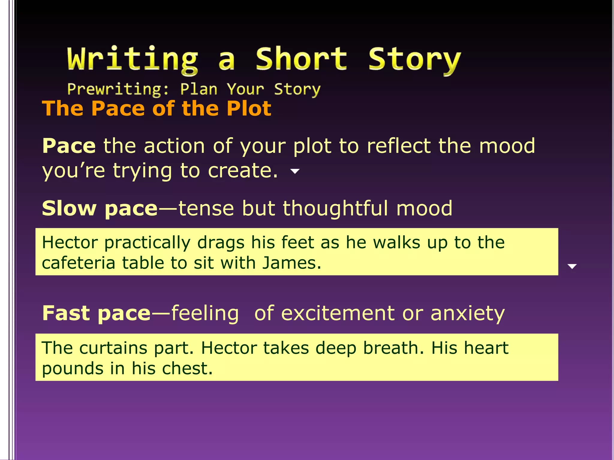 The Pace of the Plot Pace  the action of your plot to reflect the mood you’re trying to create. Hector practically drags his feet as he walks up to the cafeteria table to sit with James. Slow pace —tense but thoughtful mood The curtains part. Hector takes deep breath. His heart pounds in his chest.  Fast pace —feeling  of excitement or anxiety 