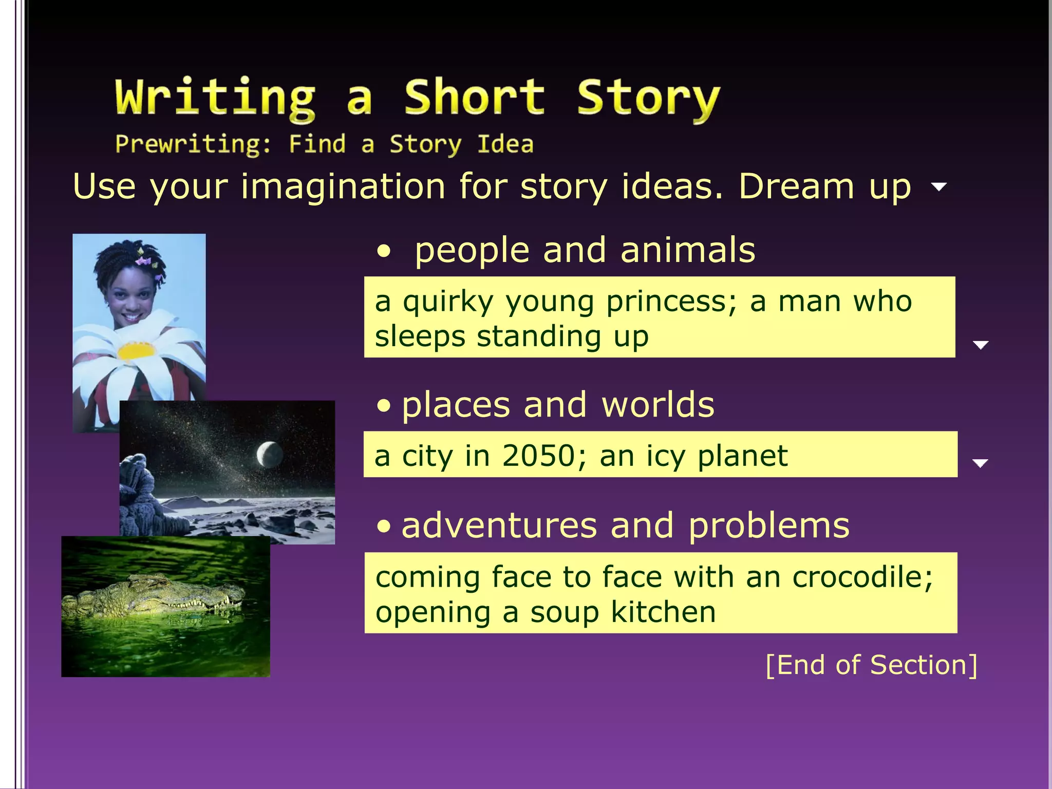 Use your imagination for story ideas. Dream up a quirky young princess; a man who sleeps standing up people and animals a city in 2050; an icy planet places and worlds coming face to face with an crocodile; opening a soup kitchen adventures and problems [End of Section] 