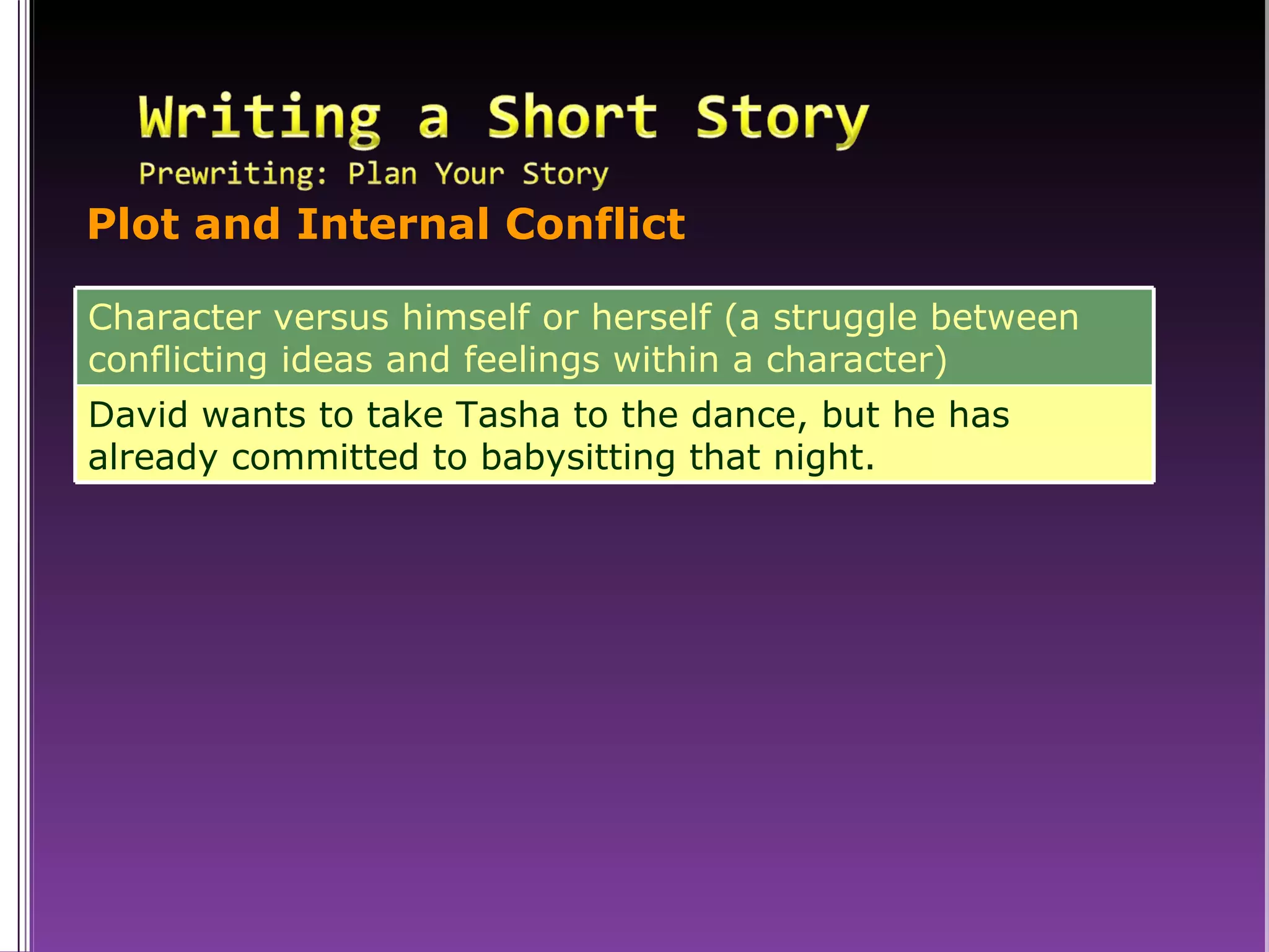 Plot and Internal Conflict Character versus himself or herself (a struggle between conflicting ideas and feelings within a character) David wants to take Tasha to the dance, but he has already committed to babysitting that night. 