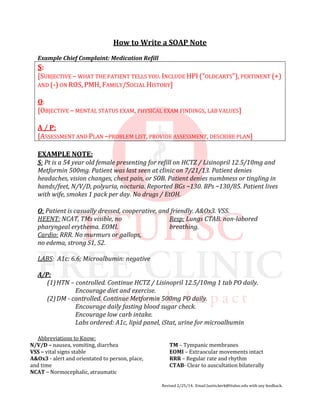 Revised 2/25/14. Email Justin.berk@ttuhsc.edu with any feedback.
How to Write a SOAP Note
Example Chief Complaint: Medication Refill
S:
[SUBJECTIVE – WHAT THE PATIENT TELLS YOU. INCLUDE HPI (“OLDCARTS”), PERTINENT (+)
AND (-) ON ROS, PMH, FAMILY/SOCIAL HISTORY]
O:
[OBJECTIVE – MENTAL STATUS EXAM, PHYSICAL EXAM FINDINGS, LAB VALUES]
A / P:
[ASSESSMENT AND PLAN –PROBLEM LIST, PROVIDE ASSESSMENT, DESCRIBE PLAN]
EXAMPLE NOTE:
S: Pt is a 54 year old female presenting for refill on HCTZ / Lisinopril 12.5/10mg and
Metformin 500mg. Patient was last seen at clinic on 7/21/13. Patient denies
headaches, vision changes, chest pain, or SOB. Patient denies numbness or tingling in
hands/feet, N/V/D, polyuria, nocturia. Reported BGs ~130. BPs ~130/85. Patient lives
with wife, smokes 1 pack per day. No drugs / EtOH.
O: Patient is casually dressed, cooperative, and friendly. A&Ox3. VSS.
HEENT: NCAT, TMs visible, no
pharyngeal erythema. EOMI.
Cardio: RRR. No murmurs or gallops,
no edema, strong S1, S2.
Resp: Lungs CTAB. non-labored
breathing.
LABS: A1c: 6.6; Microalbumin: negative
A/P:
(1)HTN – controlled. Continue HCTZ / Lisinopril 12.5/10mg 1 tab PO daily.
Encourage diet and exercise.
(2)DM - controlled. Continue Metformin 500mg PO daily.
Encourage daily fasting blood sugar check.
Encourage low carb intake.
Labs ordered: A1c, lipid panel, iStat, urine for microalbumin
Abbreviations to Know:
N/V/D – nausea, vomiting, diarrhea
VSS – vital signs stable
A&Ox3 - alert and orientated to person, place,
and time
NCAT – Normocephalic, atraumatic
TM – Tympanic membranes
EOMI – Extraocular movements intact
RRR – Regular rate and rhythm
CTAB- Clear to auscultation bilaterally
 